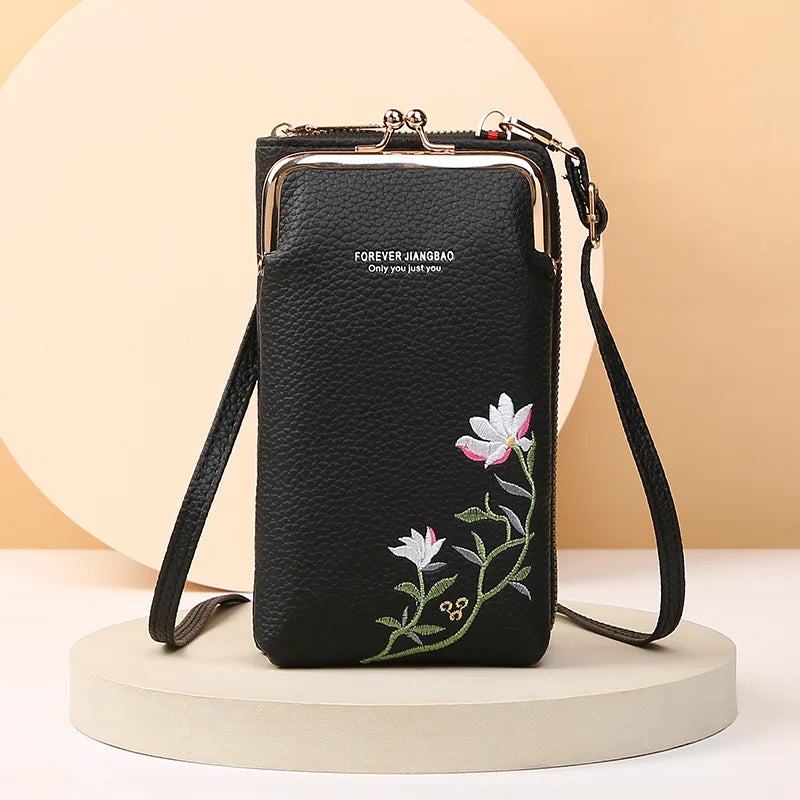 Elegant Floral Leather Mini Crossbody Bag – Mobile Phone Purse & Messenger Wallet