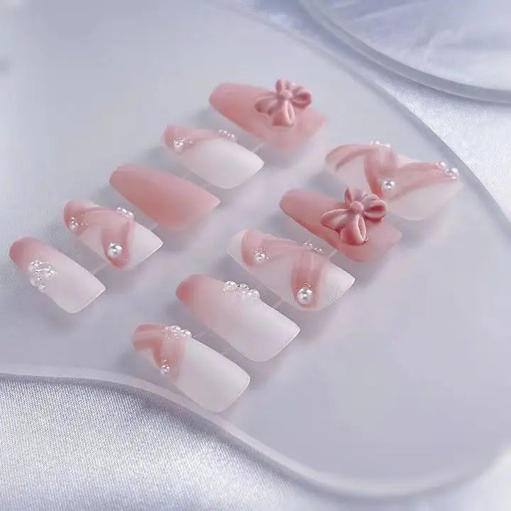 Handmade Nails Pink Ballerina False Nails with Bow Design French False Nails Tips Wearable Rhinestone Artificial Press on Nails - - DYAVOR®
