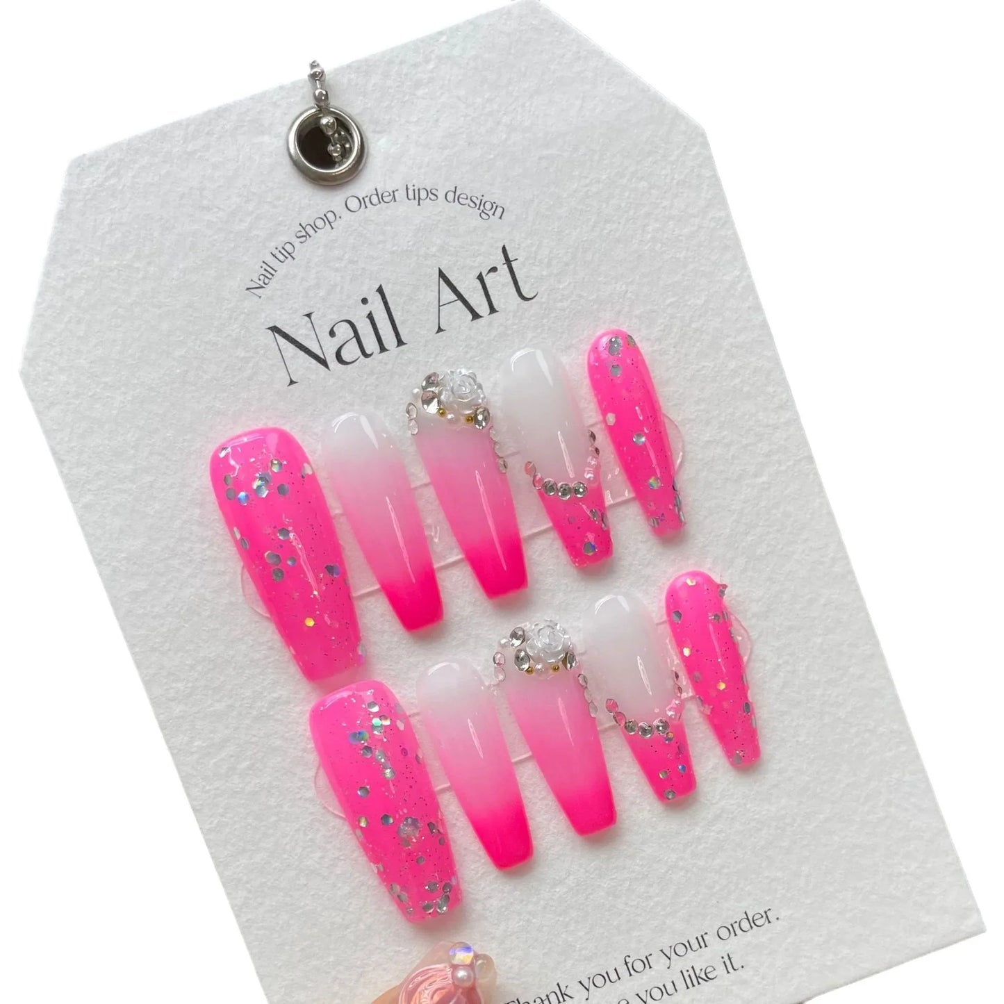 10Pcs Pink Long Ballet Handmade Press On Nails French Rhinestones Wearable False Nails Gradient Decoration Fake Nails Tips Art - - DYAVOR®