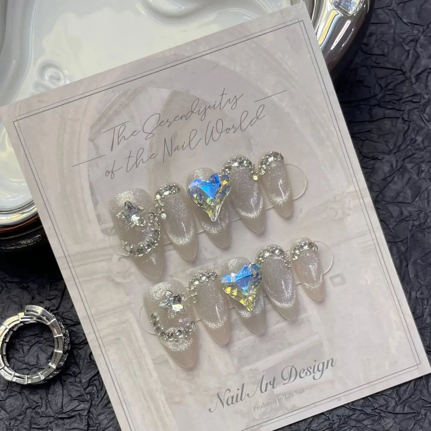 10pcs almond cat eyes handmade short press on nails full cover ballet stick on nails w designs diamond white acrylic nails tips - - DYAVOR®