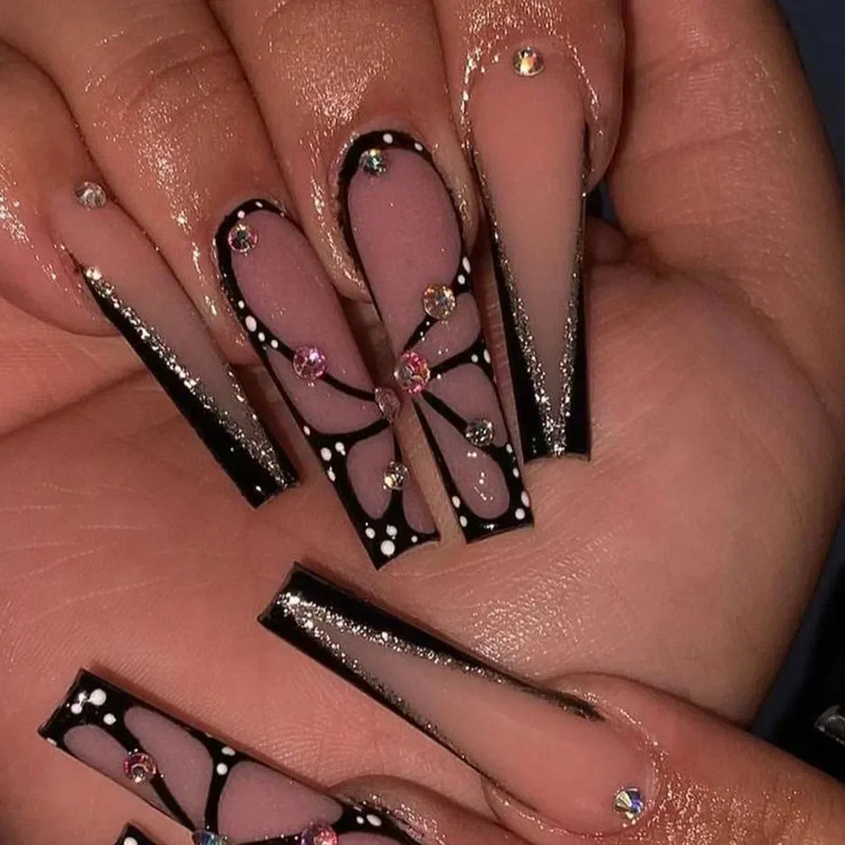 24Pcs Pink Bow Design False Nails Long Ballet Press on Nails with Pearl Wearable Coffin Fake Nails French Square Finger Nail