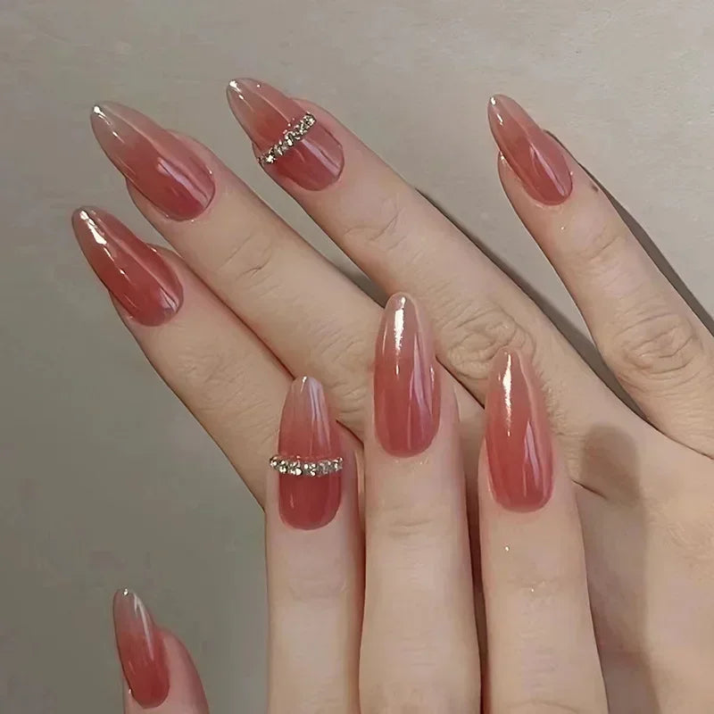 24Pcs French Almond False Nails Glitter with Rhinestones Wearable Fake Nails Artificial Simple Full Cover Press on Nails Tips - - DYAVOR®
