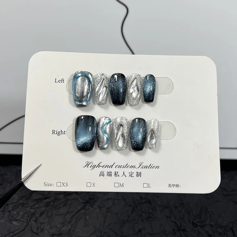 10pcs Aurora cat eyes blue almond coffin false nails with glue detachable handmade y2k hot girls designs artificial nails tips - - DYAVOR®