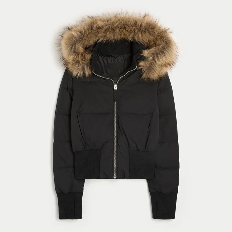 Chic Cropped Faux Fur Hooded Quilted Jacket – Zipper Pocket Padded Winter Coat for Women