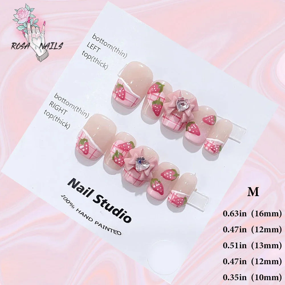 Cute Strawberry Pink Short Handmade Press on Nails Wholesale Kawaii Bows Pressons Bulk Full Cover Square Acrylic False Nail Tips - - DYAVOR®
