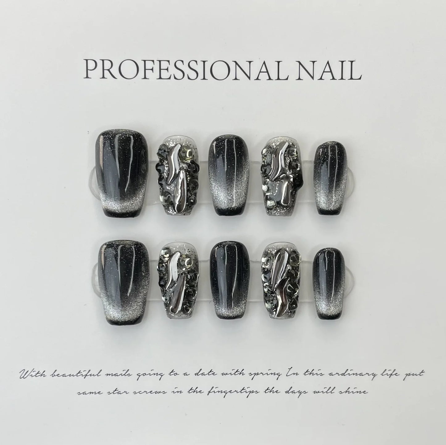 False nails, black handmade rhinestone nail, butterfly design, beautiful women's artificial wearing nails, reusable - - DYAVOR®