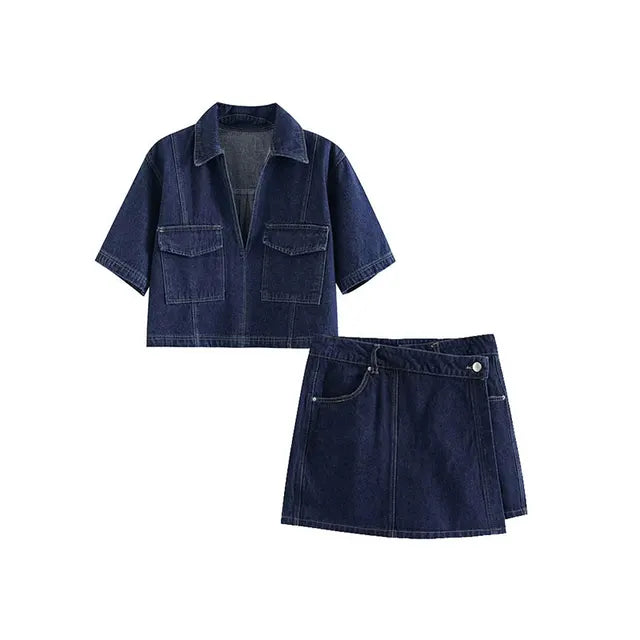 Ladies 2-Piece Set - Traf - Modern - Slim Fit Denim and Asymmetrical Skirt - Perfect for Casual and Semi-Formal Occasions - 05/112024 1 - DYAVOR®