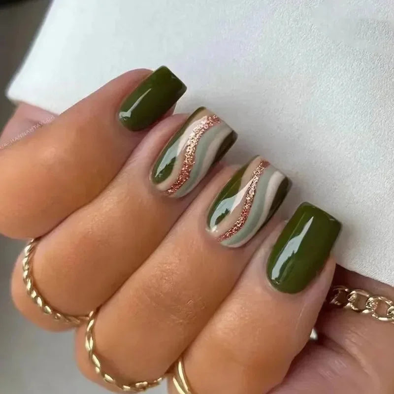 24Pcs Green Short Coffin False Nails White ripples with French Design Wearable Fake Nails Simple Full Cover Press on Nails Tips - - DYAVOR®