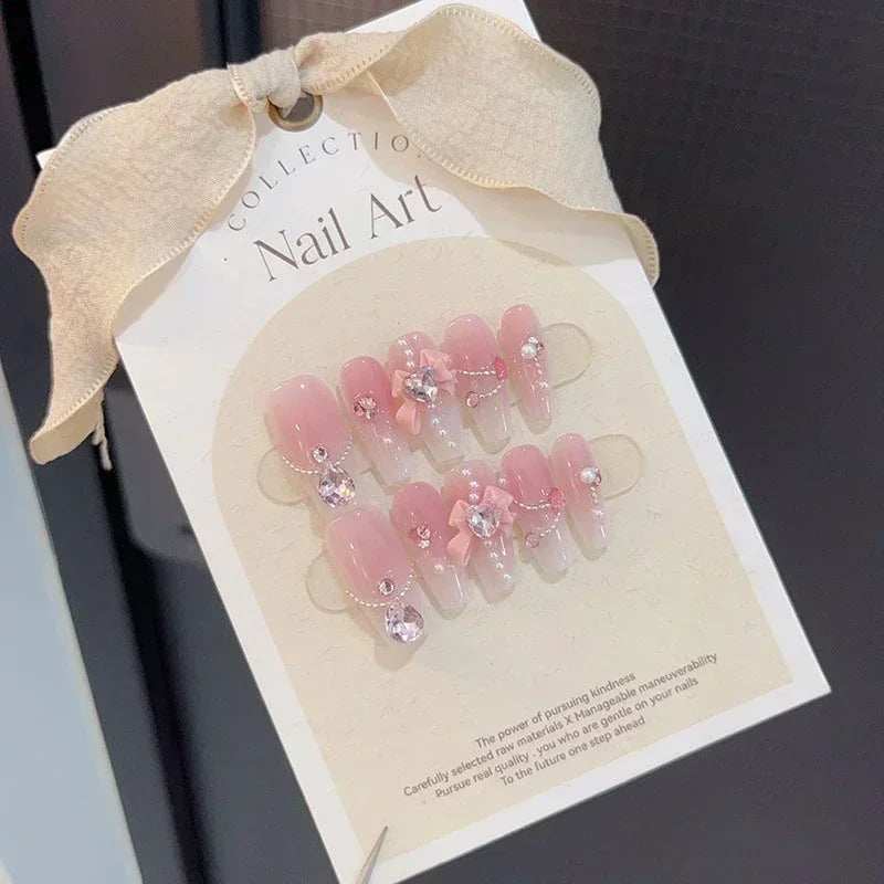 10pcs removeable ballet press on acrylic nails full cover gradient pink false nails with 3D charms handmade stick on nails long - - DYAVOR®
