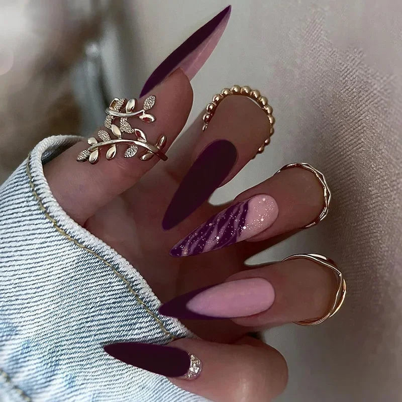 24Pcs Extra Long Stiletto False Nails Pointy French Fake Nails Glitter Detachable Almond Press on Nails Full Cover Nail Tips - - DYAVOR®