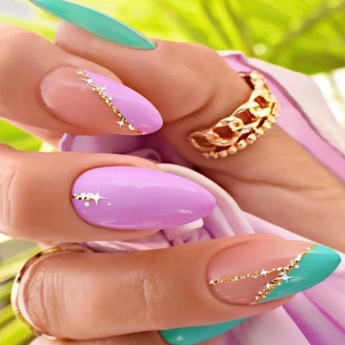 24Pcs Frosting False Nail almond with Golden Glitter Designs French Rhinestone Manicure Stiletto Fake Nails Set Press on Nails