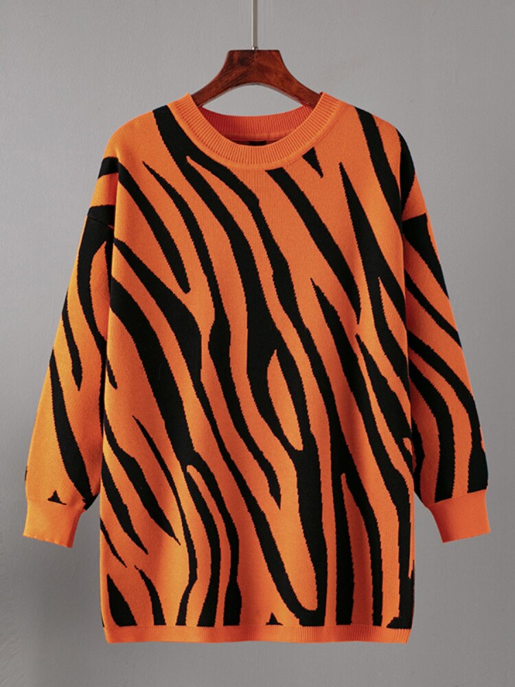 Fashion Woman Blouse 2023 Sweater Autumn Winter New Zebra Pattern Fashion Pullover Round Neck Long Sleeve Top Loose Knitwears - - DYAVOR®