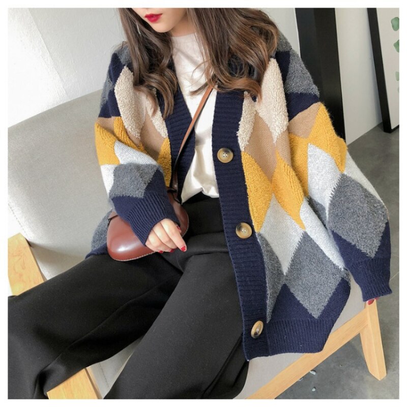 Luxury Cardigans Plaid Loose Button Puff Sleeve Knitted Cardigan Female Warm Y2K Tops Sweaters S-XL Long Cardigans Women 2023 - - DYAVOR®