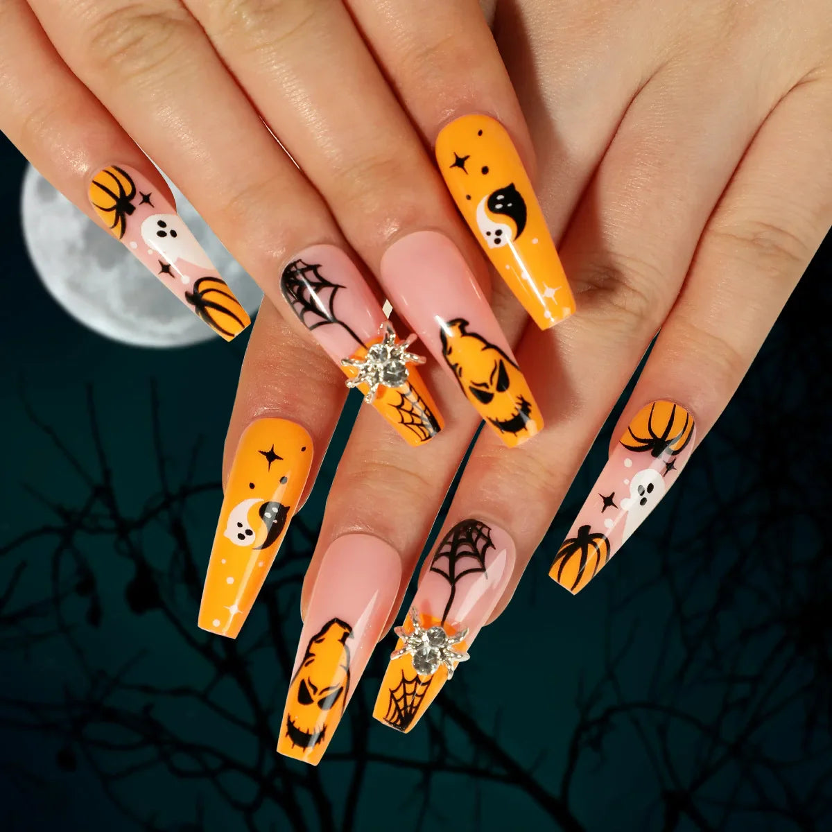 24Pcs Long Coffin False Nails Glitter Fake Nail with Rhinestones Press on Nails Full Cover Nail Tips Detachable Fake Fingernails