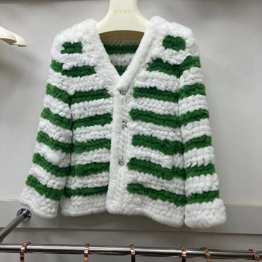 New Street Fashion Real Natural Rex Rabbit Fur Coats for V-neck Color Luxury Overcoats Knitted Jackets -  - DYAVOR®