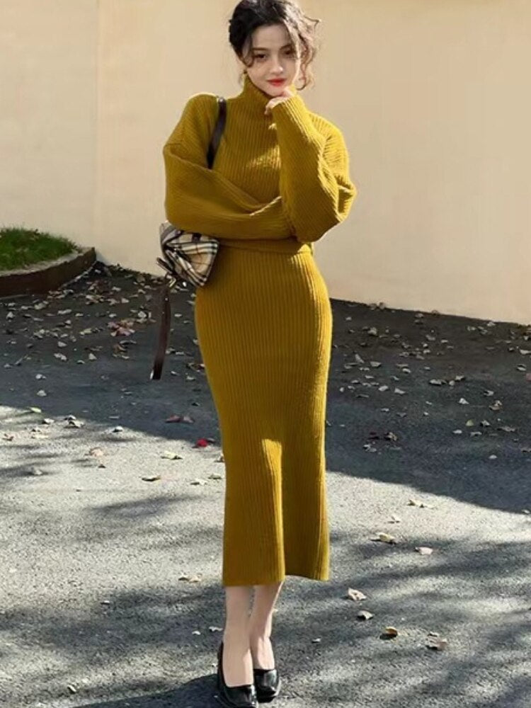 Dresses for Women 2022 Knitted Dress Autumn Winter New Wool Dress Set Skirt Two Piece Sets Womens Outifits Long Sleeve Sweaters - - DYAVOR®