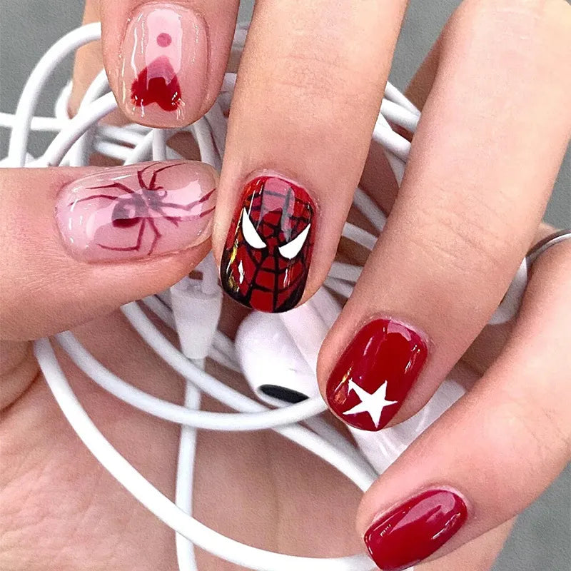 Red Spider Printed False Nail Halloween Nail Art Decor Press on Nails for Girl Gifts Short Round Cool y2k Style Fake Nail Tips - - DYAVOR®