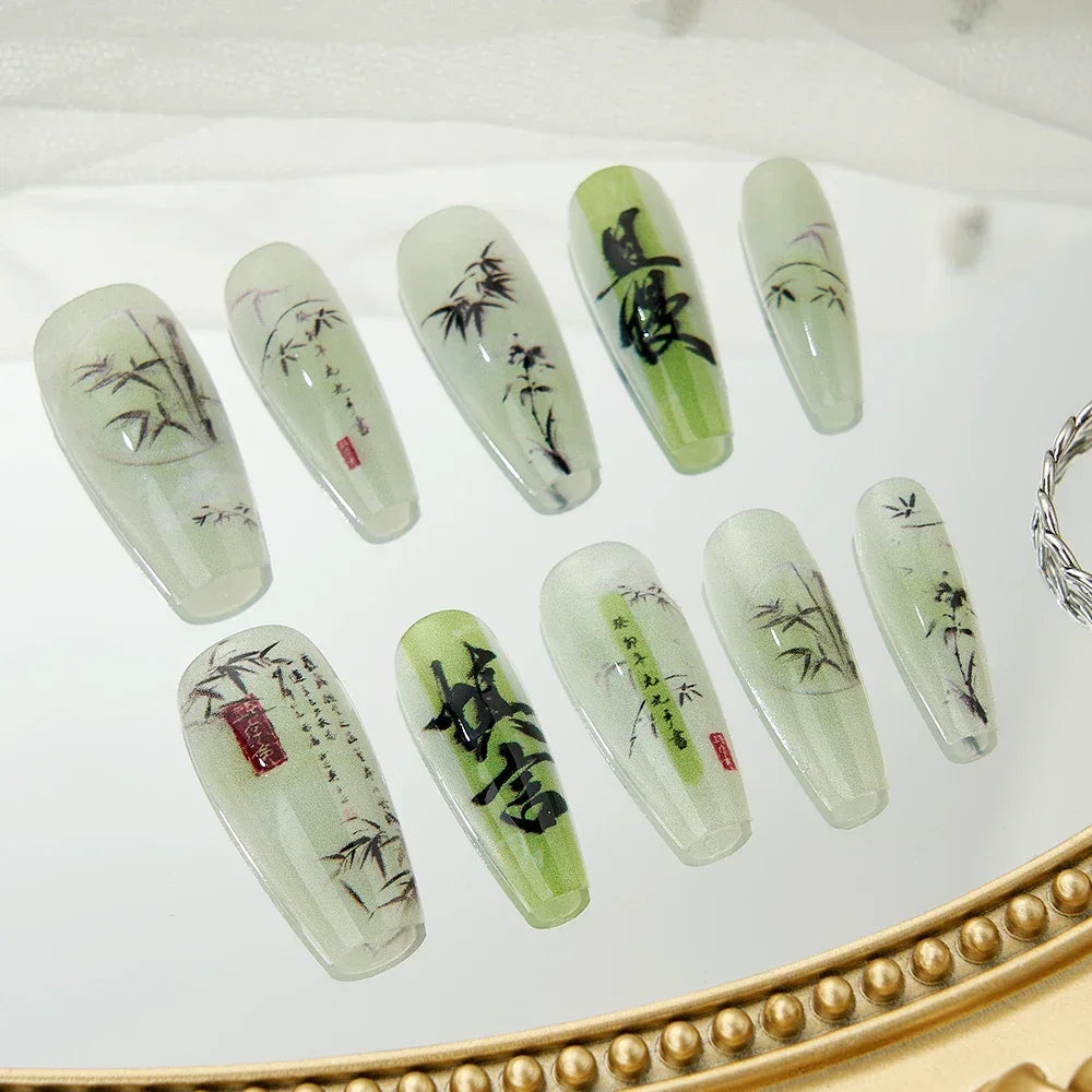 10PCS Handmade Finished Fake Nail Press on Bamboo Poetry Chinese False Nails with Glue Decorated Nails Art Stick on Nails - - DYAVOR®