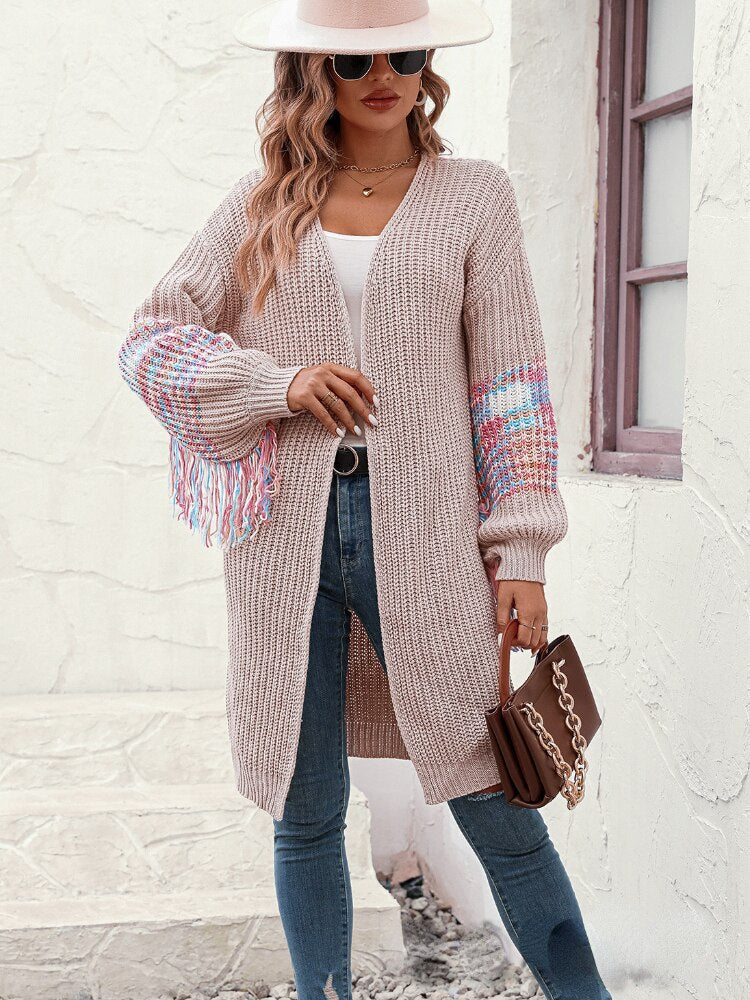 Fashion Women Sweaters 2023 Stitching Long Sleeve Top Loose Sweater Tassel Knit Cardigan Office Lady Winter Clothes Women Coat - - DYAVOR®
