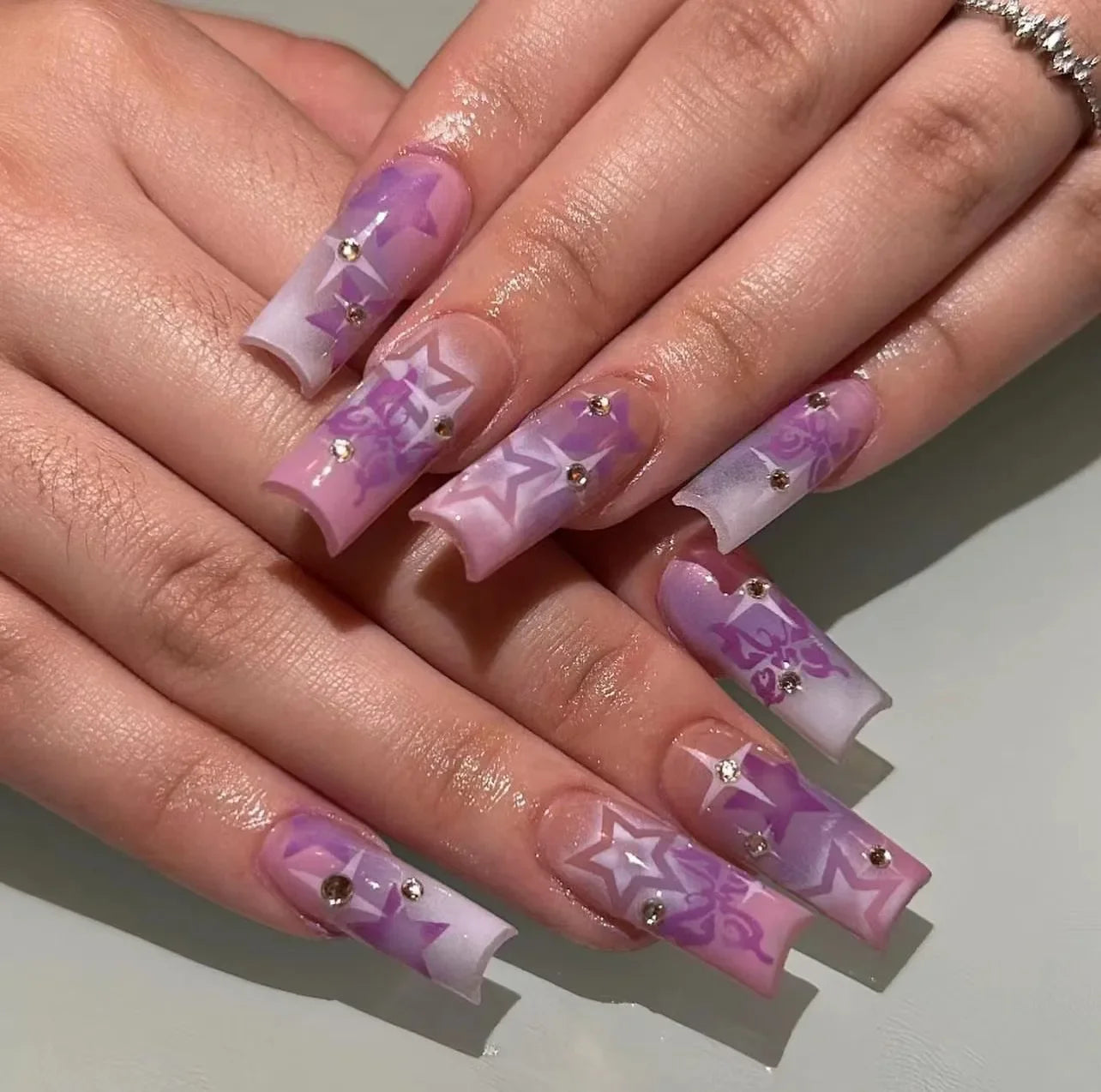 24Pcs Long Coffin False Nails Glitter Fake Nail with Rhinestones Press on Nails Full Cover Nail Tips Detachable Fake Fingernails - - DYAVOR®