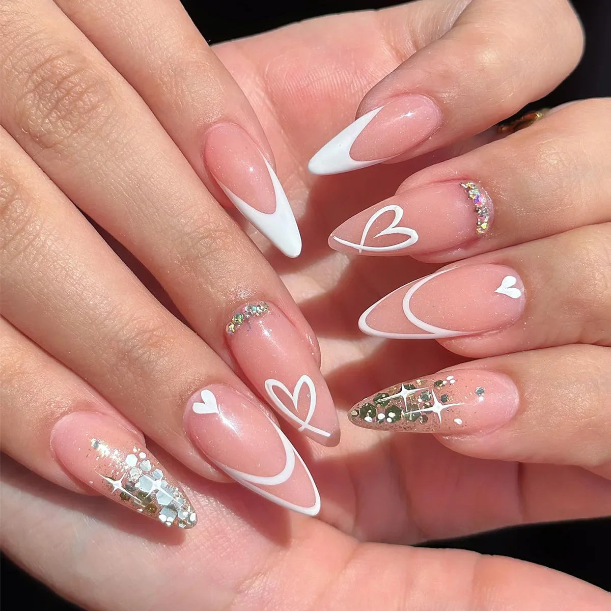 24Pcs Frosting False Nail almond with Golden Glitter Designs French Rhinestone Manicure Stiletto Fake Nails Set Press on Nails