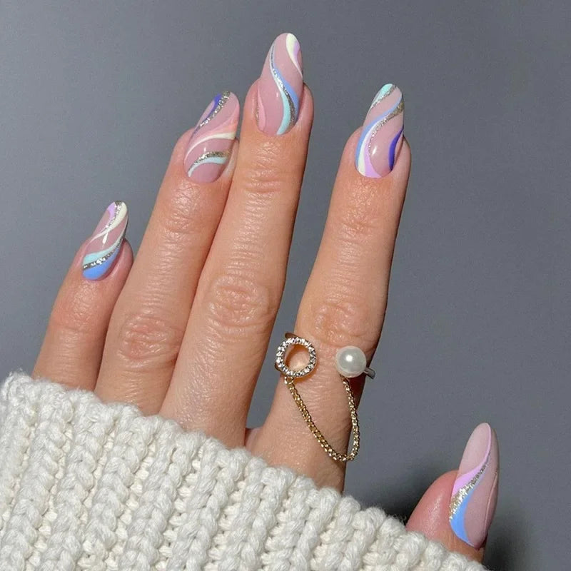 24pcs Small Almond Oval Decorated Cloud Milk Wearable Fake Nails Short Press On Nail Coffin Detachable French False Nails Tips
