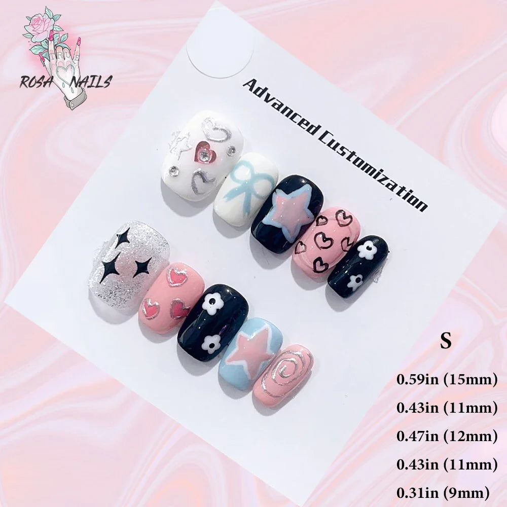Cute Strawberry Pink Short Handmade Press on Nails Wholesale Kawaii Bows Pressons Bulk Full Cover Square Acrylic False Nail Tips