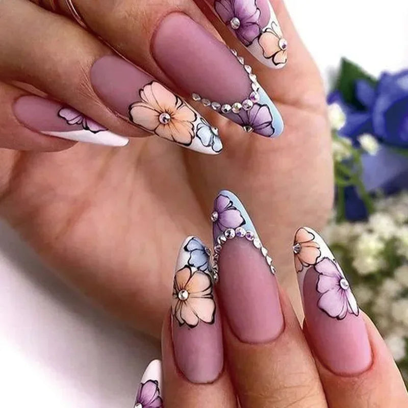 24Pcs Frosting False Nail almond with Golden Glitter Designs French Rhinestone Manicure Stiletto Fake Nails Set Press on Nails - - DYAVOR®