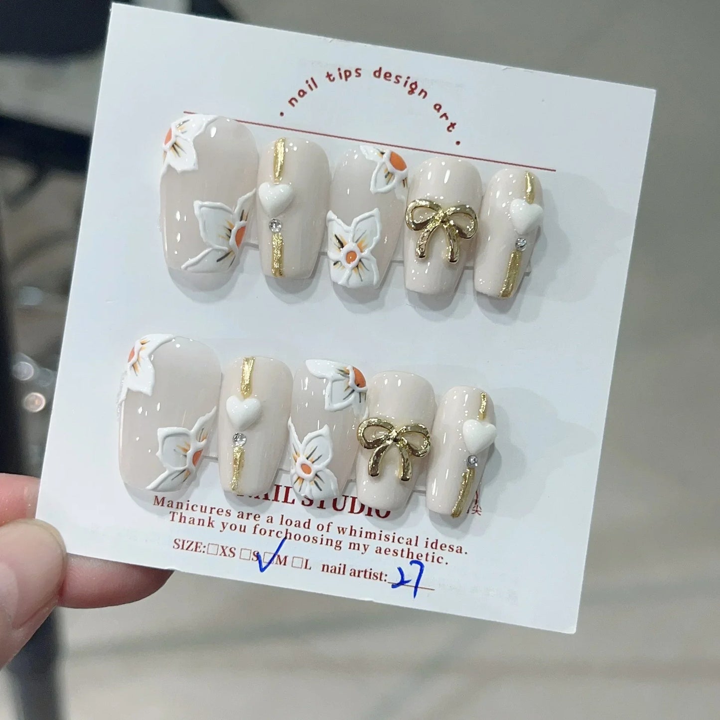 10PCS handmade acrylic ballet white artificial nails with flower designs square head press on nails short full cover fake nails - - DYAVOR®