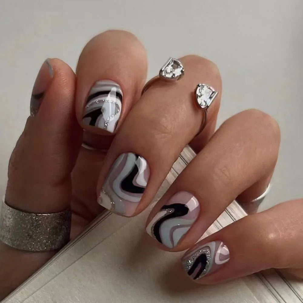 Press on Nails Black Butterfly French Fake Nails Rhinestone False Nail Patch Short Ballet Full Cover Artificial Art Nail Tip - - DYAVOR®