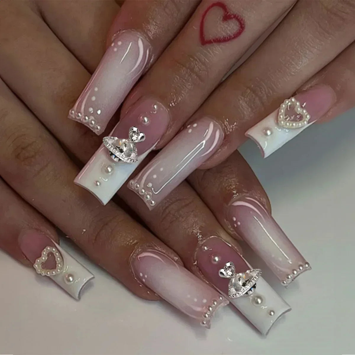 24Pcs Pink Bow Design False Nails Long Ballet Press on Nails with Pearl Wearable Coffin Fake Nails French Square Finger Nail