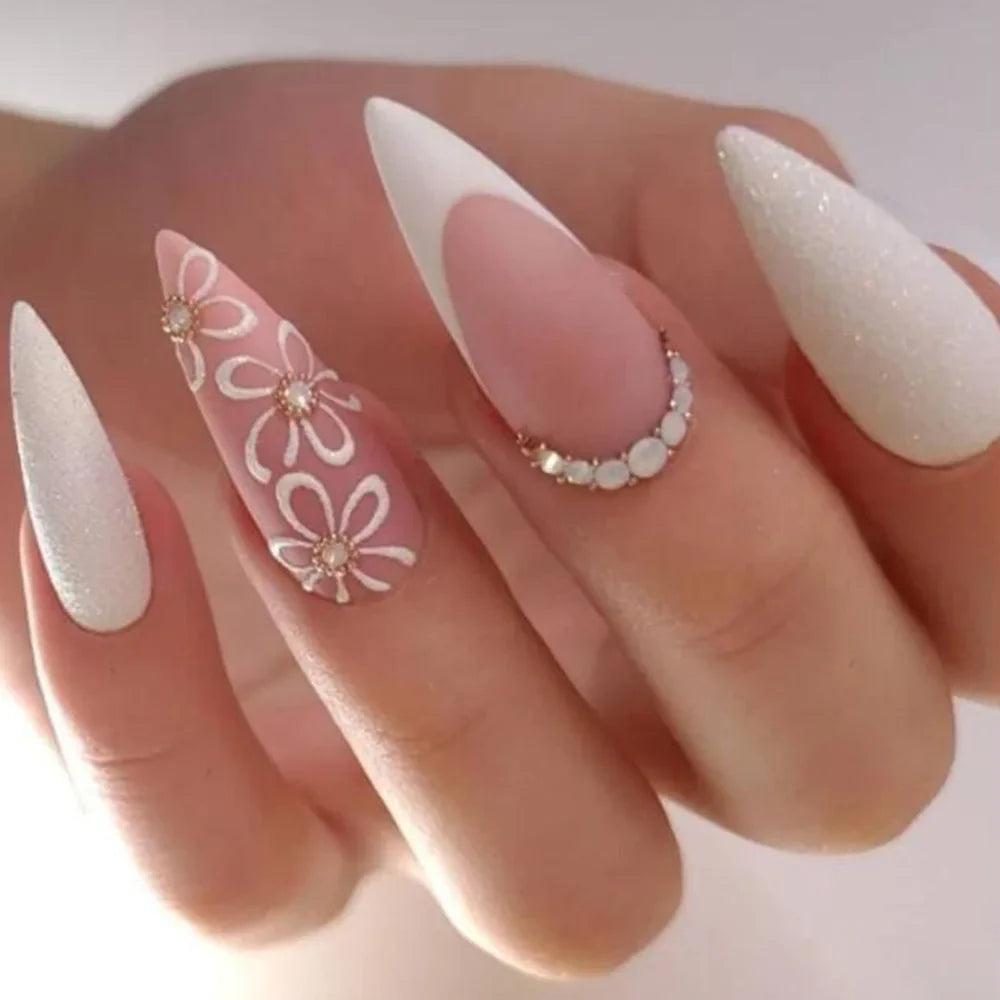 24Pcs Extra Long Stiletto False Nails Pointy French Fake Nails Glitter Detachable Almond Press on Nails Full Cover Nail Tips - - DYAVOR®