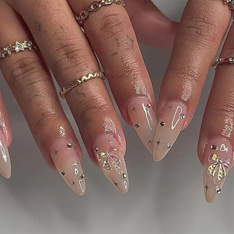24Pcs Long Coffin False Nails Glitter Fake Nail with Rhinestones Press on Nails Full Cover Nail Tips Detachable Fake Fingernails