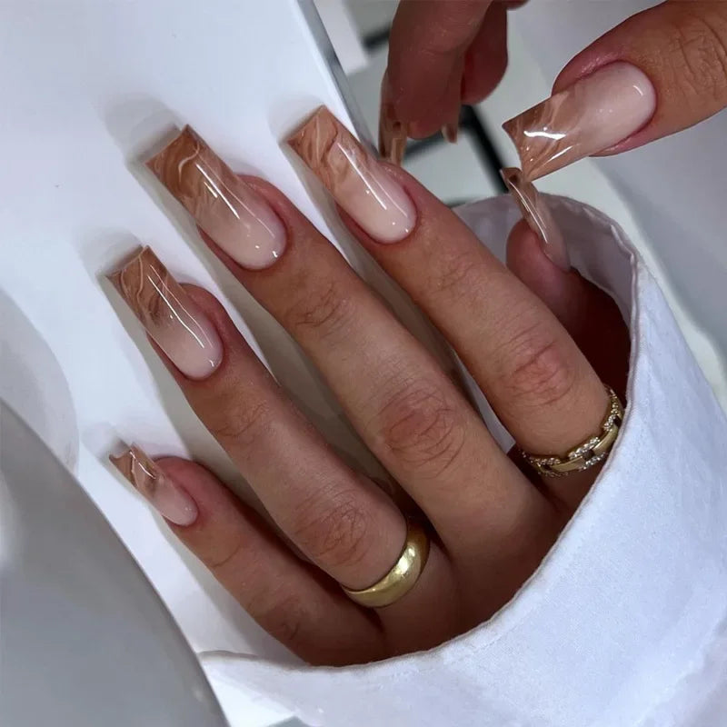 24pcs removeable false nails with glue Gradient Shinny brown coffin glitter Ballet press on nails long full cover fake nails tip