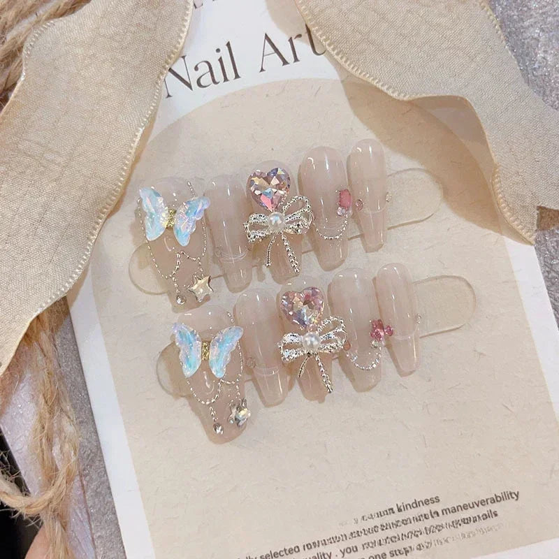 10pcs removeable ballet press on acrylic nails full cover gradient pink false nails with 3D charms handmade stick on nails long - - DYAVOR®