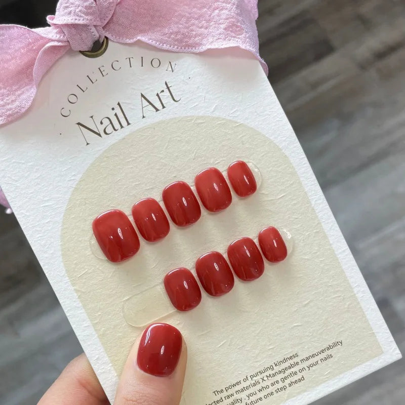 Short Press On nails Handmade Acrylic Full Cover Professional Japanese Nail Sticker Sweet Artificial Red Color Round Head Nails - - DYAVOR®