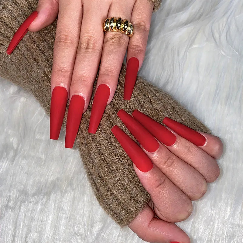 wearable full cover long ballet French coffin white False Nails with glue matte red black pink white artificial nails press on - - DYAVOR®