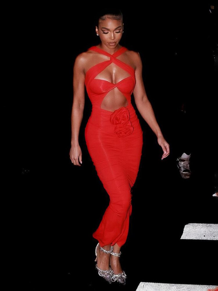 Red Maxi Dress with Cutouts and Flowers - - DYAVOR®