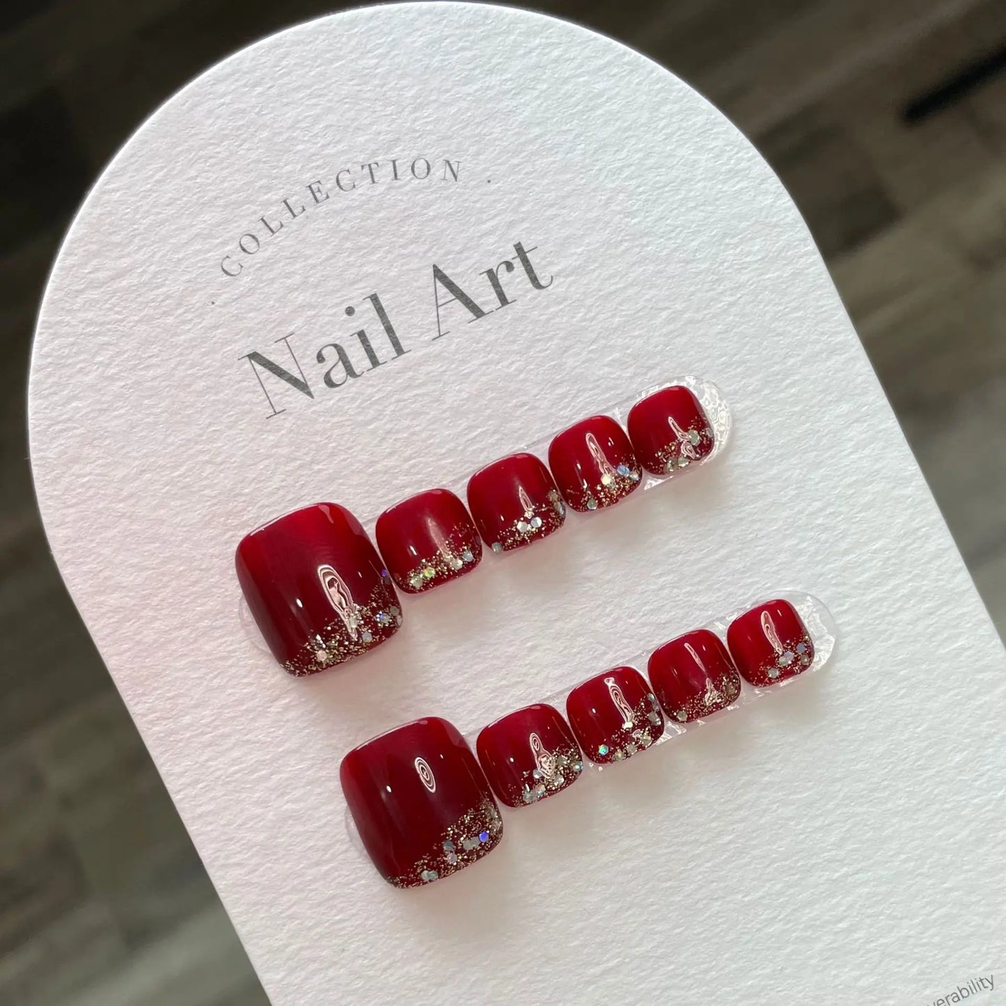 Handmade Red Toe Nails Press on Korean Reusable Adhesive False Nails with Glitter Design Acrylic Artifical Full Cover Nail Tips - - DYAVOR®