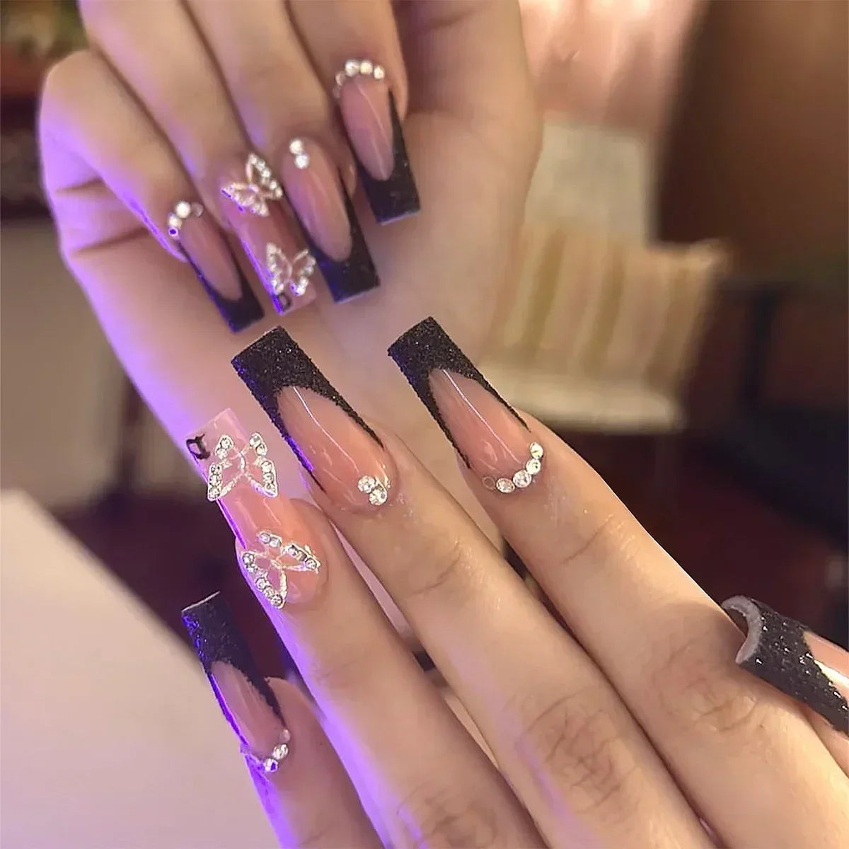 24Pcs Pink Bow Design False Nails Long Ballet Press on Nails with Pearl Wearable Coffin Fake Nails French Square Finger Nail - - DYAVOR®