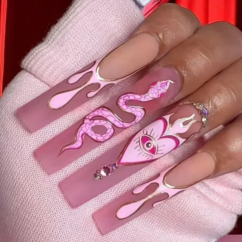 24Pcs Pink Bow Design False Nails Long Ballet Press on Nails with Pearl Wearable Coffin Fake Nails French Square Finger Nail