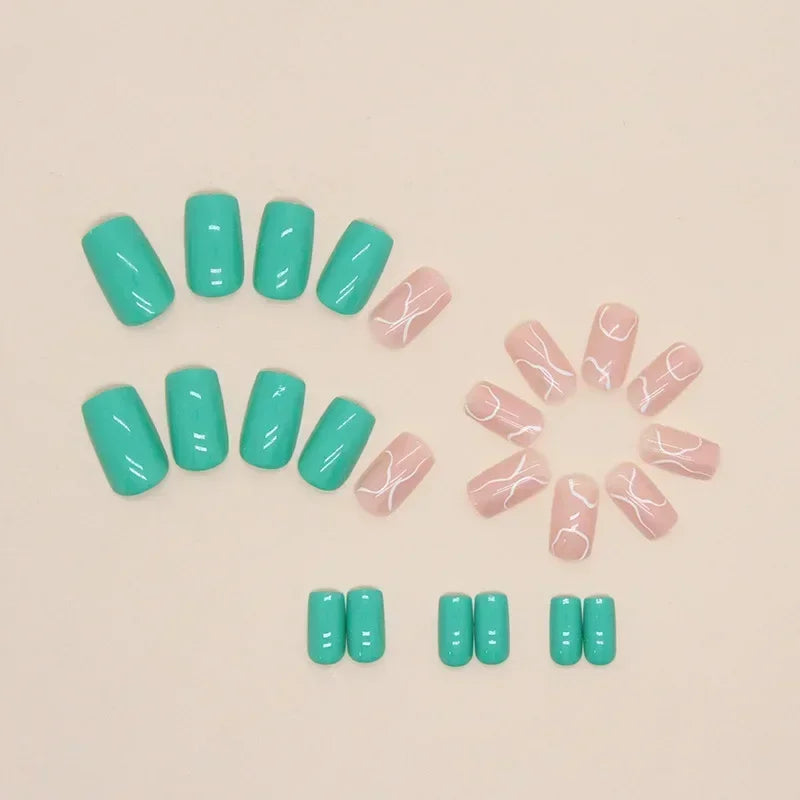24Pcs Green Short Coffin False Nails White ripples with French Design Wearable Fake Nails Simple Full Cover Press on Nails Tips - - DYAVOR®