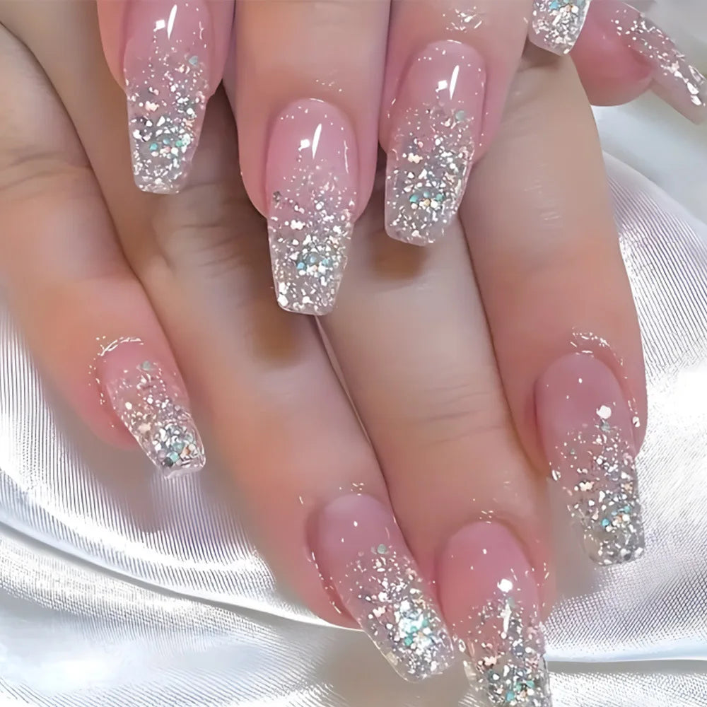 24pcs removeable false nails with glue Gradient Shinny brown coffin glitter Ballet press on nails long full cover fake nails tip - - DYAVOR®