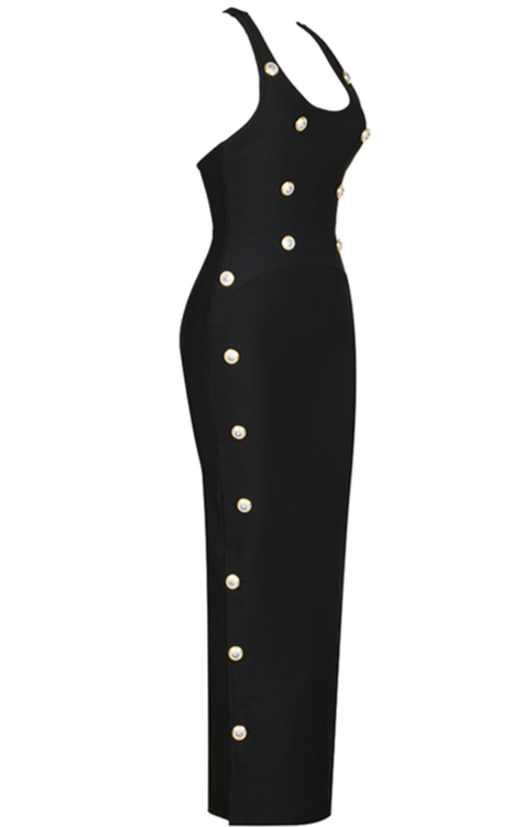Black Fitted Dress with Gold Buttons - - DYAVOR®