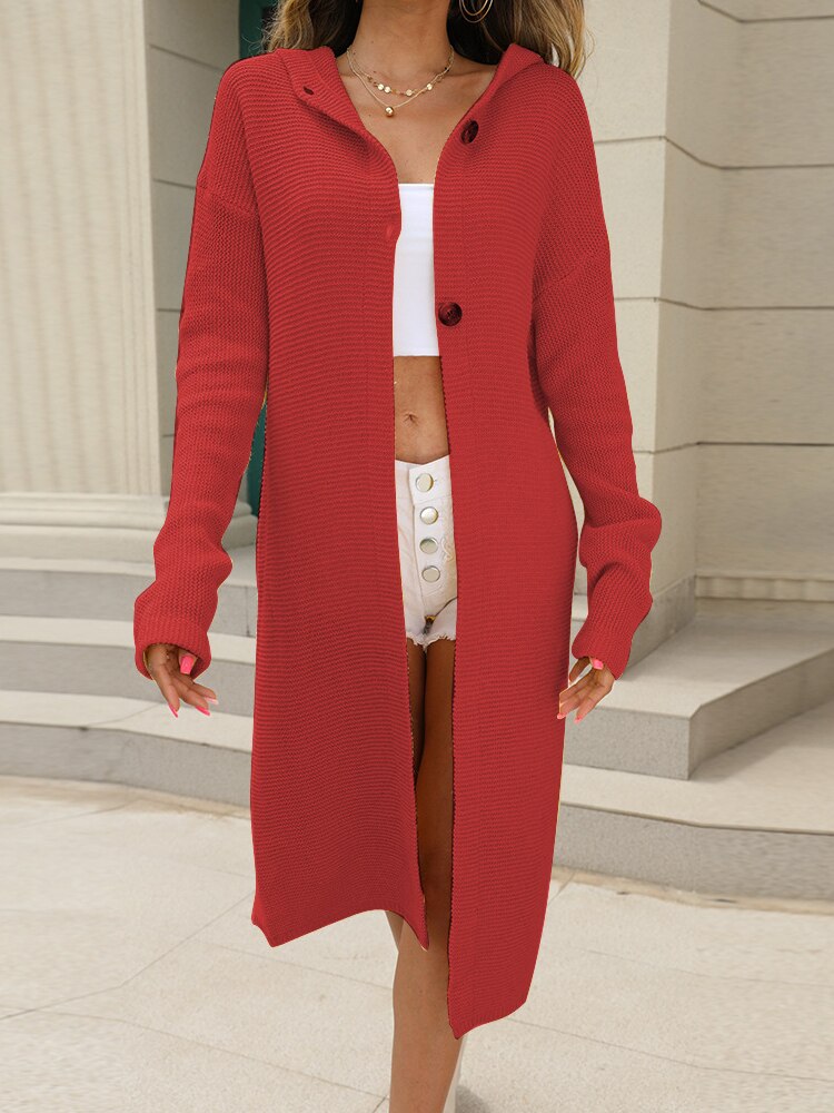 New Autumn Winter Women's Sweater Coat Fashionable Solid Color Long Hooded Knitted Cardigan Street Clothes Oversized Cardigan - - DYAVOR®