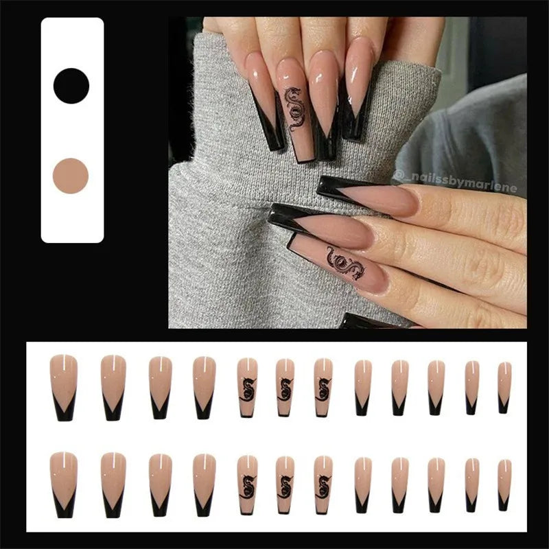 Coffin False Nails Black and White Spotted Cow Pattern Detachable French Ballerina Fake Nails Full Cover Press On Nails Tips - - DYAVOR®