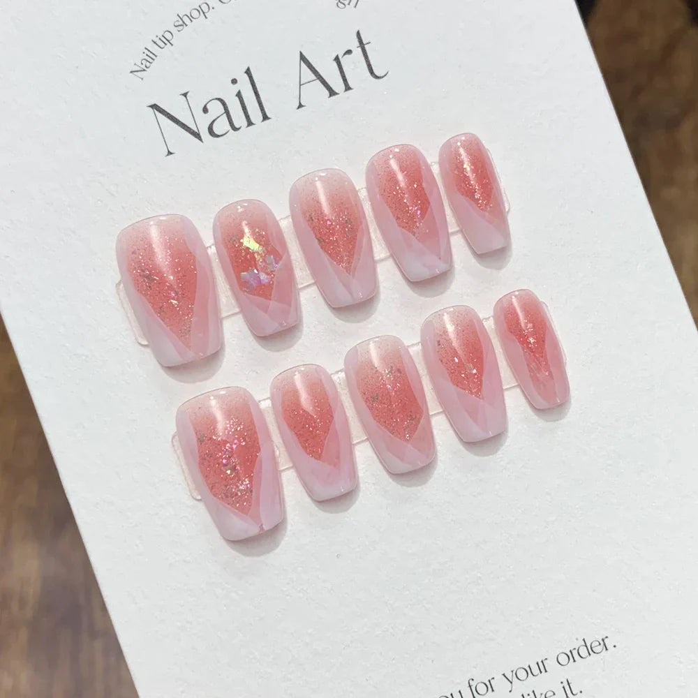 Handmade Pink Nails Set Press on Cute Korean Medium-length Artifical Nails Full Cover Nail Tips with Design Adhesive False Nails - - DYAVOR®