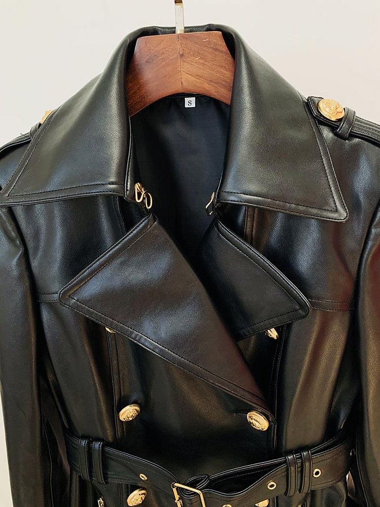 Leather Long Trench Over Coat - Trench Coat - DYAVOR®