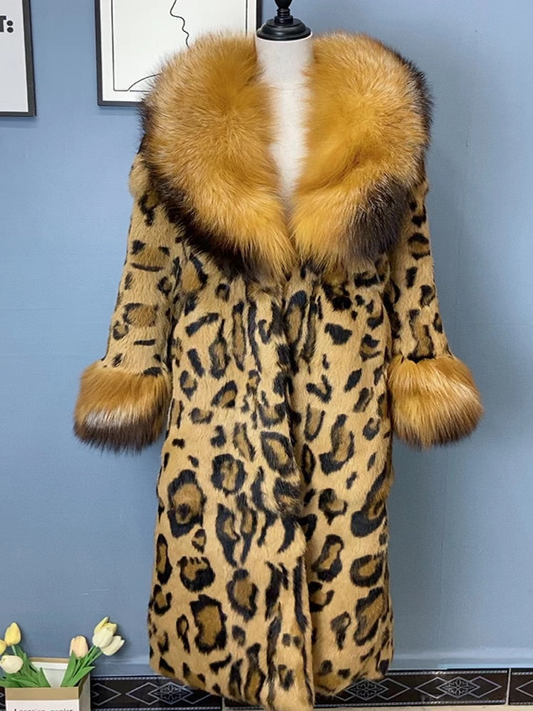 Women Real Rex Rabbit Fur Coats With Fox Lapel Collar Natural Whole Skin Genuine Fur Long Jackets Overcoat Winter - - DYAVOR®