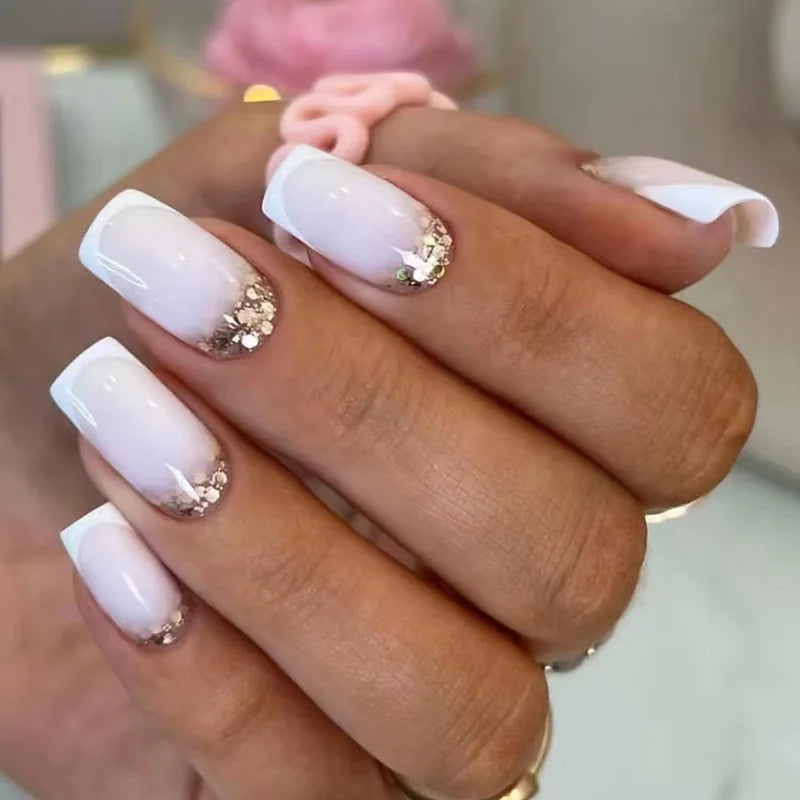 24Pcs Long Ballet Fake Nails Shiny White French Coffin False Nails Simple Wearable Manicure Press on Nails Full Cover Nail Tips - - DYAVOR®